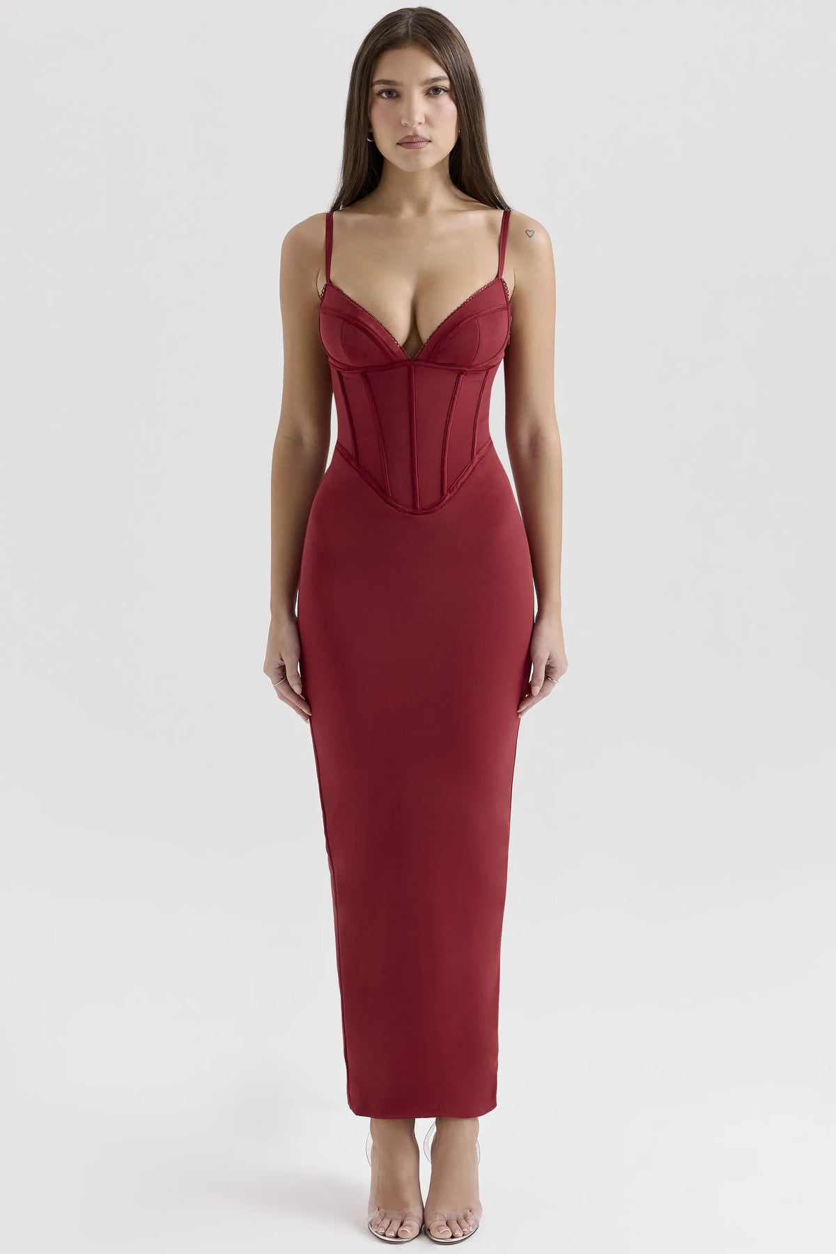 Romy Wine Mesh Bodycon Maxi Dress
