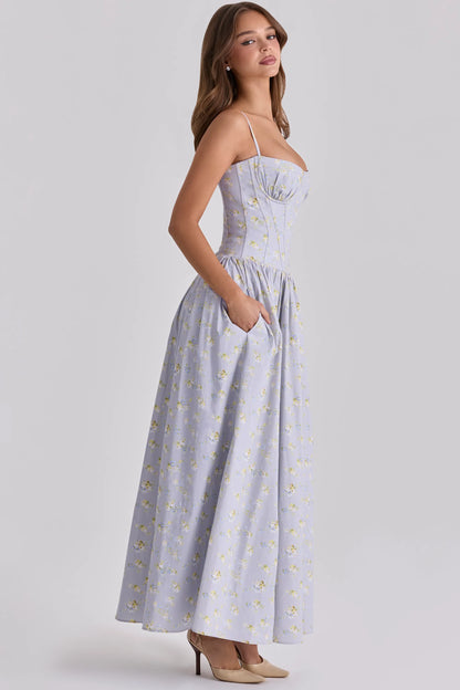 Rona Blue Wildflower Print Cotton Lace Up Maxi Dress