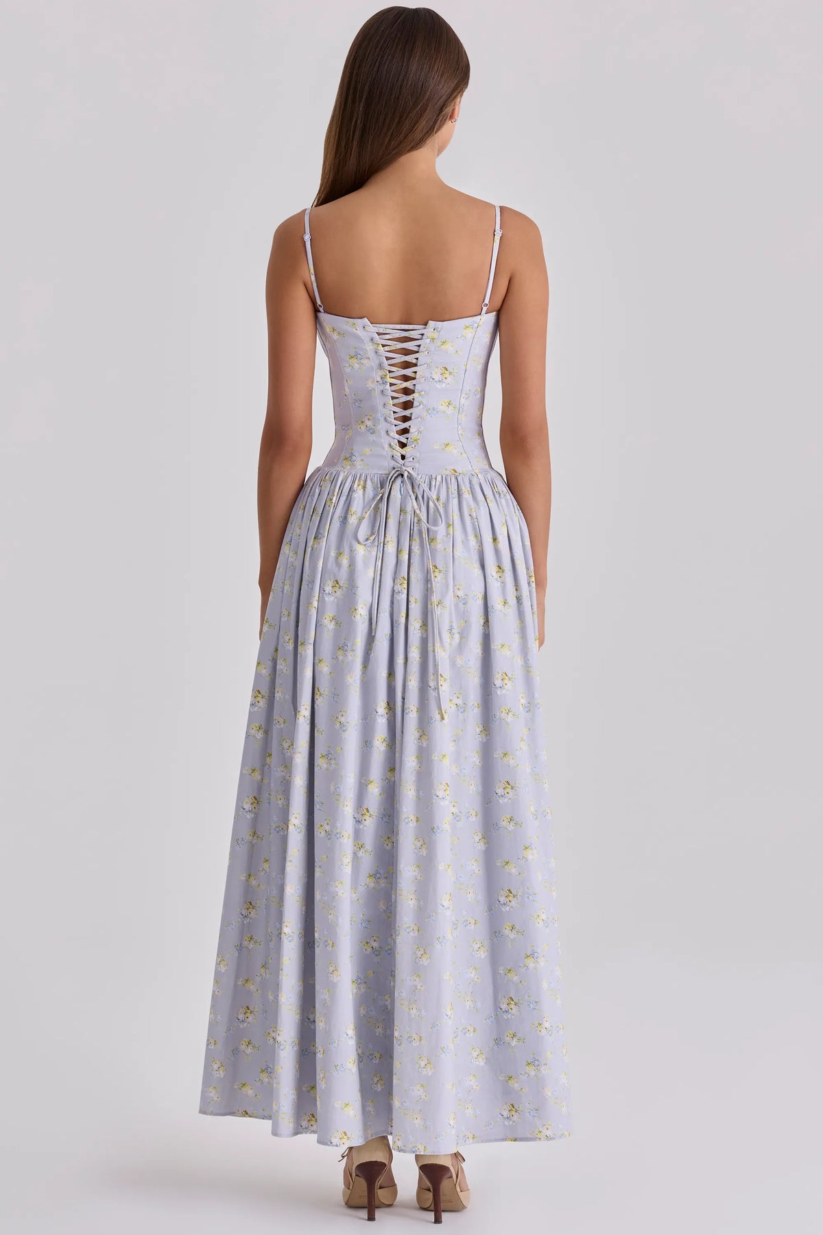 Rona Blue Wildflower Print Cotton Lace Up Maxi Dress