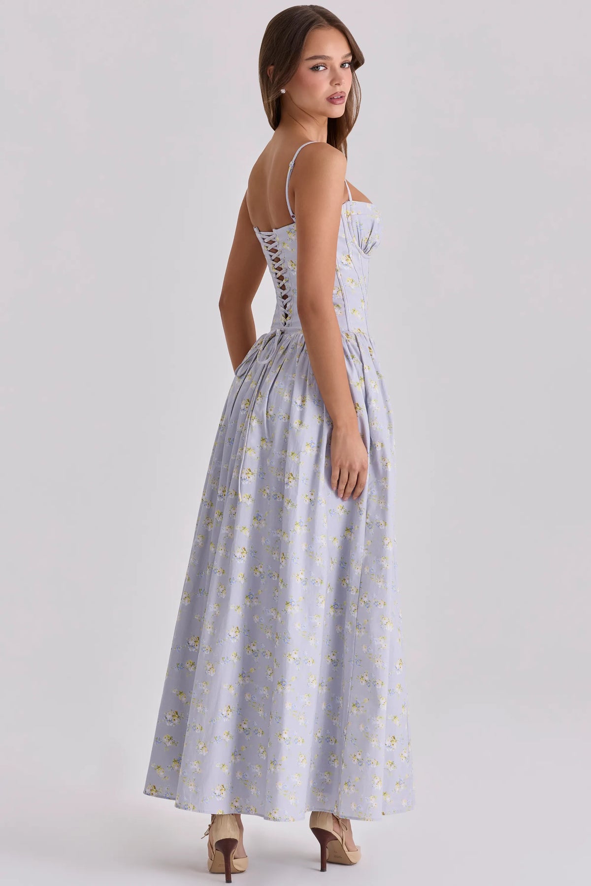 Rona Blue Wildflower Print Cotton Lace Up Maxi Dress