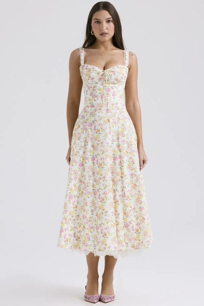 Rosalee Ivory Meadow Print Cotton Bustier Sundress