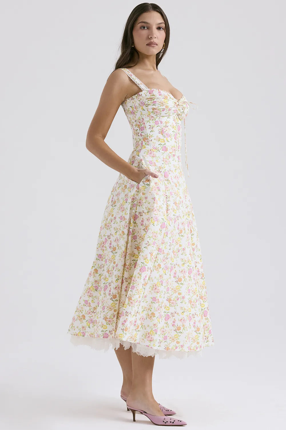 Rosalee Ivory Meadow Print Cotton Bustier Sundress
