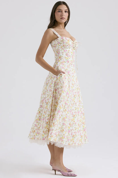 Rosalee Ivory Meadow Print Cotton Bustier Sundress
