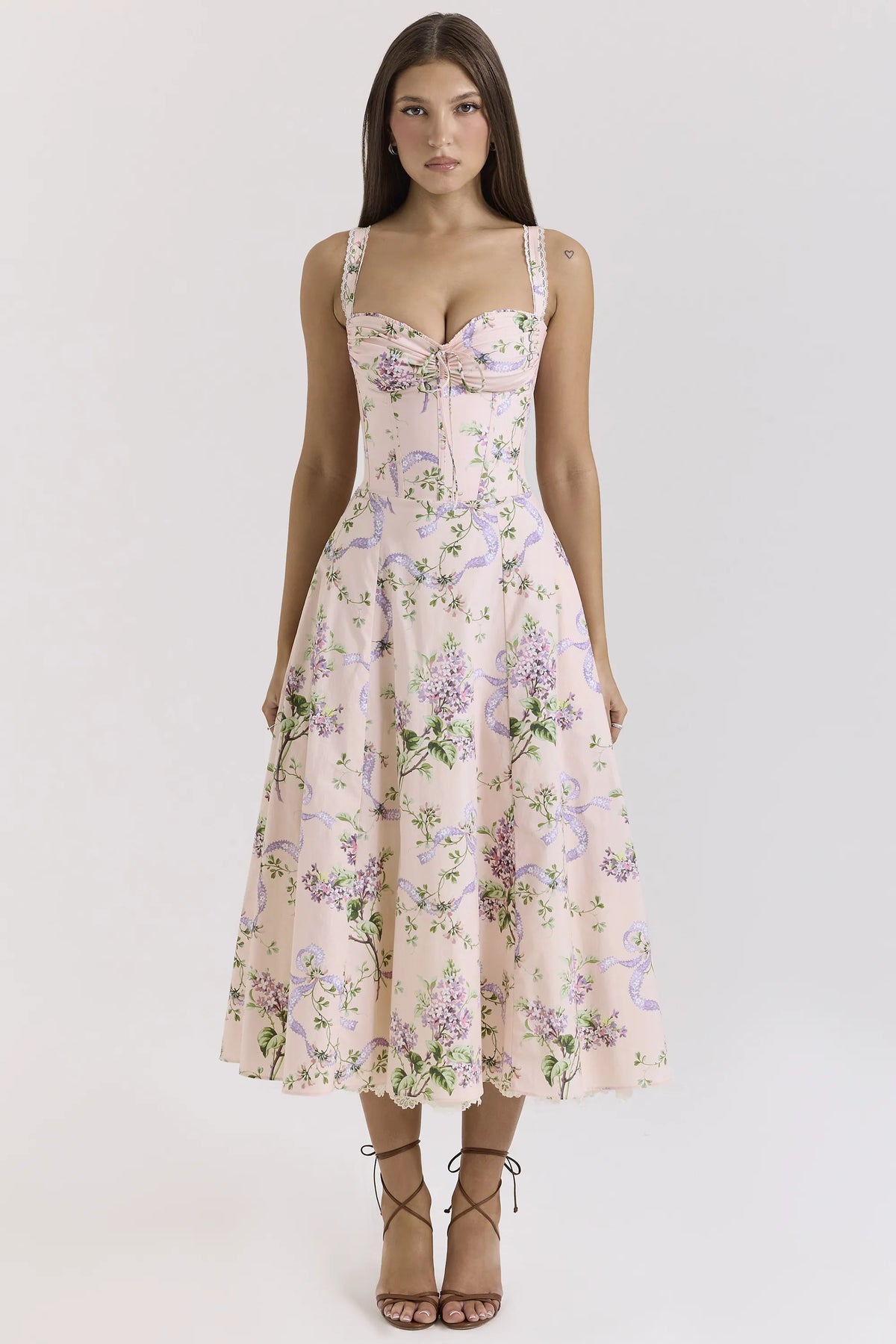 Rosalee Pink Floral Corset Midi Dress