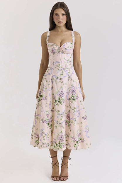 Rosalee Pink Floral Corset Midi Dress