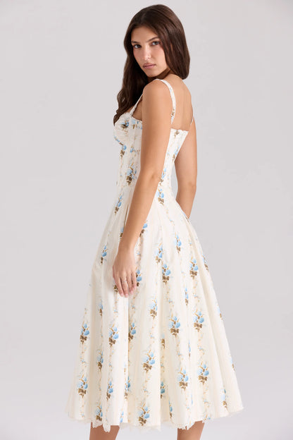 Rosalee Cream Floral Print Cotton Corset Midi Dress