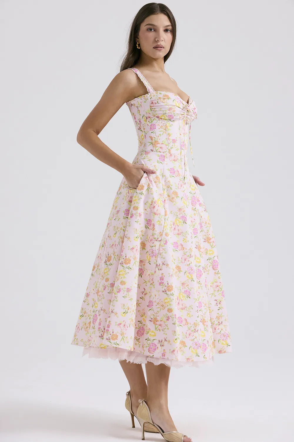 Rosalee Pink Meadow Print Cotton Bustier Sundress