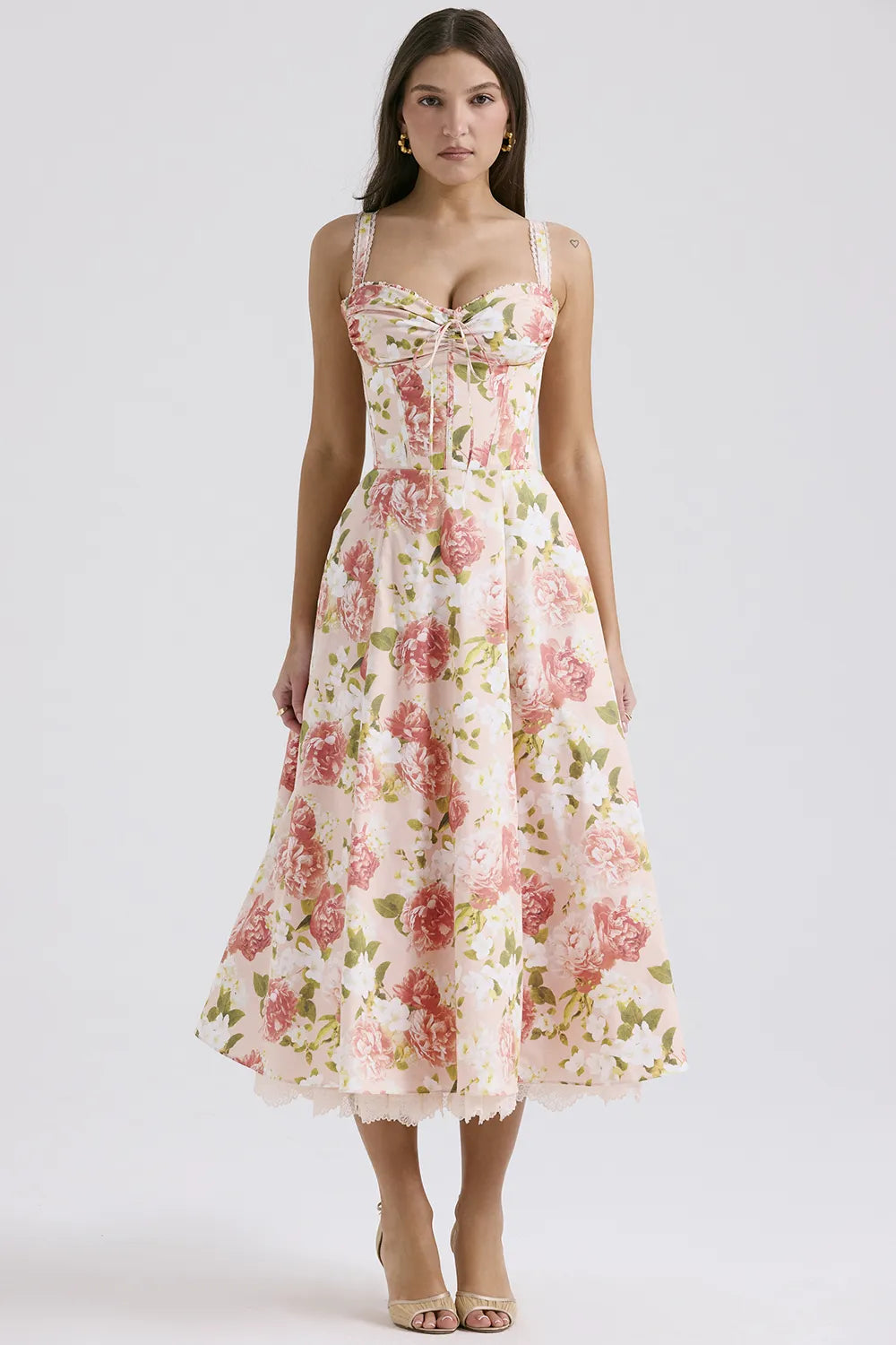 Rosalee Pink Peony Print Cotton Bustier Sundress
