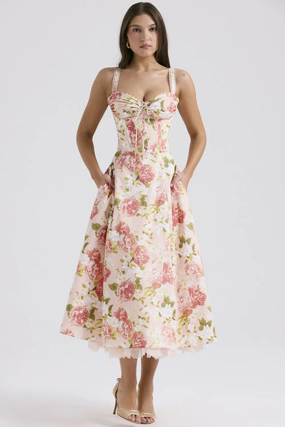 Rosalee Pink Peony Print Cotton Bustier Sundress