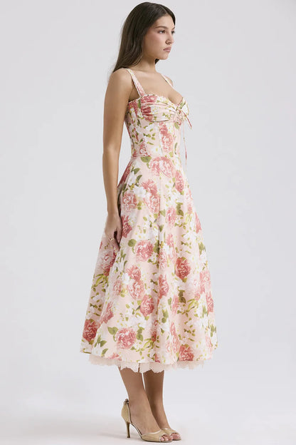 Rosalee Pink Peony Print Cotton Bustier Sundress