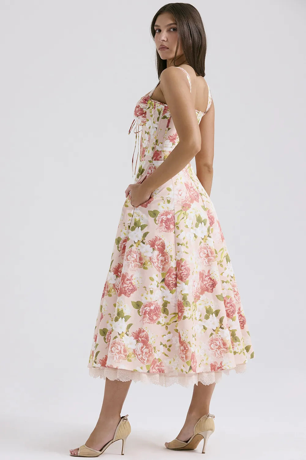 Rosalee Pink Peony Print Cotton Bustier Sundress