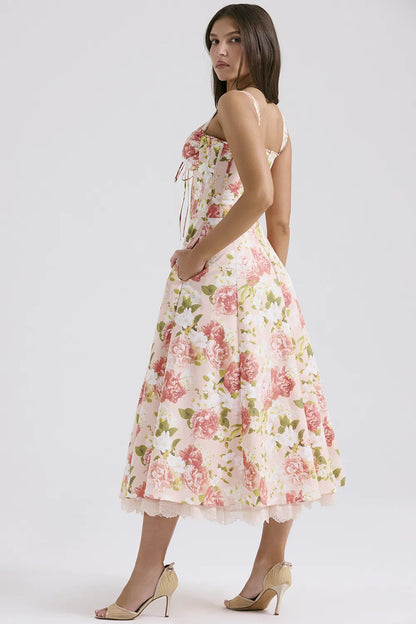 Rosalee Pink Peony Print Cotton Bustier Sundress