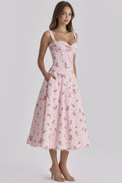 Rosalee Vintage Rose Pink Floral Print Midi Dress