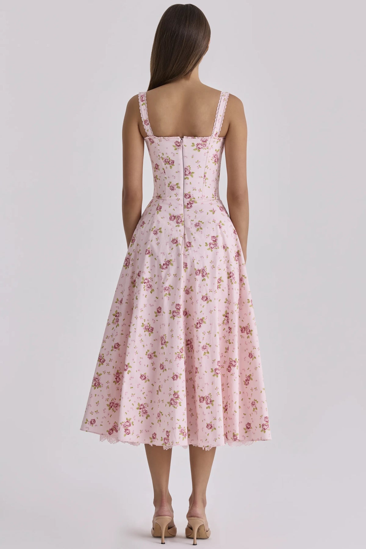 Rosalee Vintage Rose Pink Floral Print Midi Dress