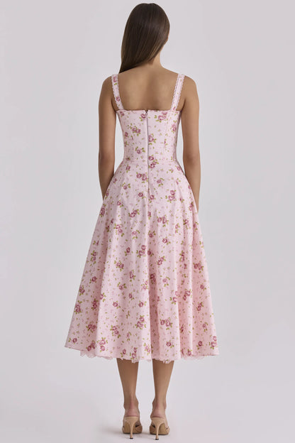 Rosalee Vintage Rose Pink Floral Print Midi Dress