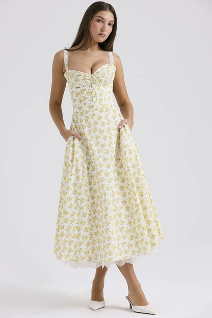 Rosalee White Vintage Floral Print Cotton Bustier Sundress