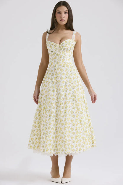 Rosalee White Vintage Floral Print Cotton Bustier Sundress