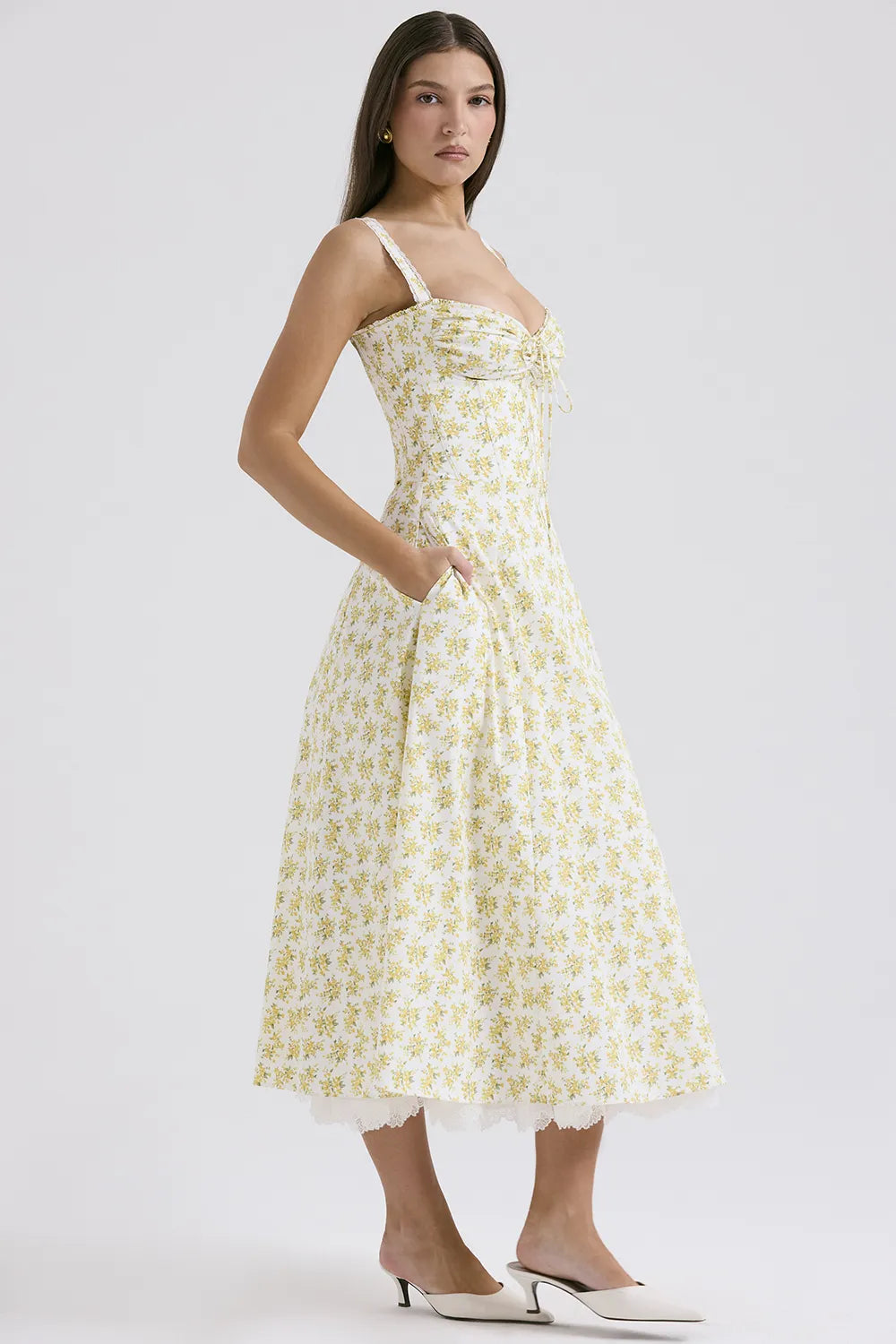 Rosalee White Vintage Floral Print Cotton Bustier Sundress
