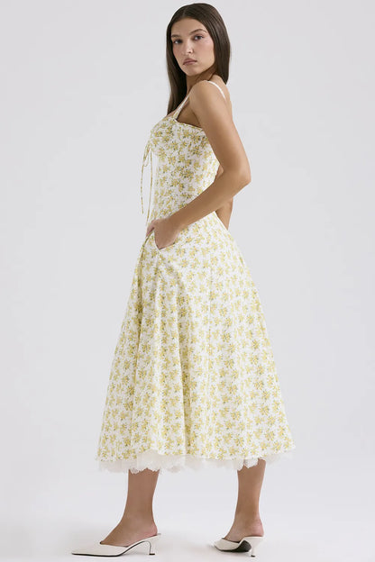 Rosalee White Vintage Floral Print Cotton Bustier Sundress