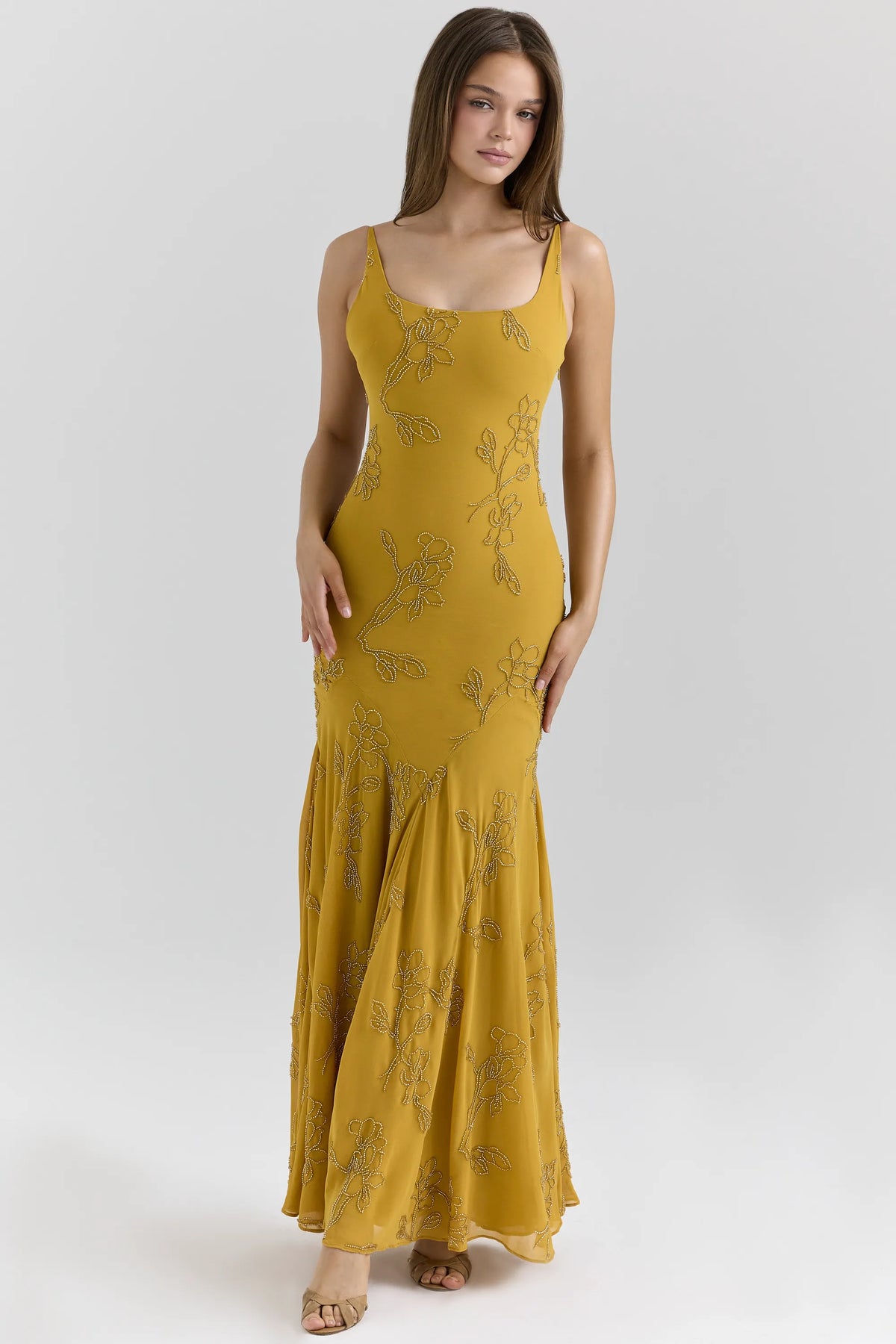 Rosalia Gold Embellished Hand Beaded Maxi Dress