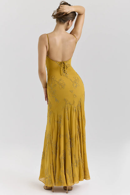 Rosalia Gold Embellished Hand Beaded Maxi Dress