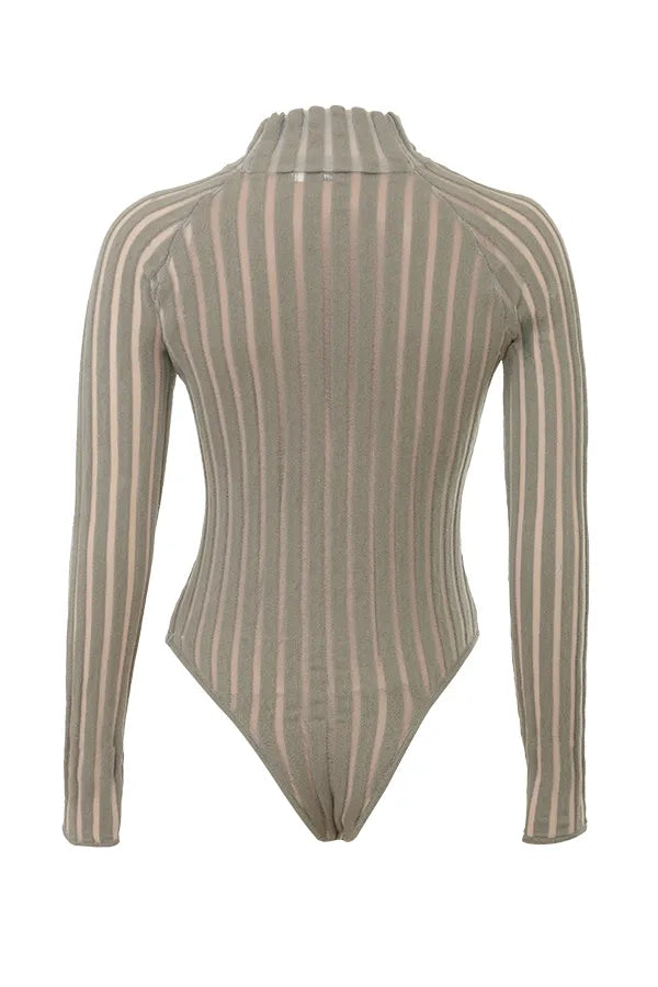 Rowena Grey Velour Sheer Striped Bodysuit