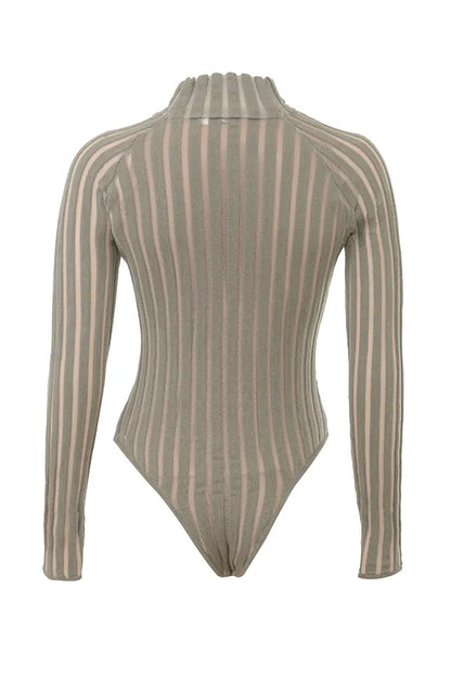 Rowena Grey Velour Sheer Striped Bodysuit