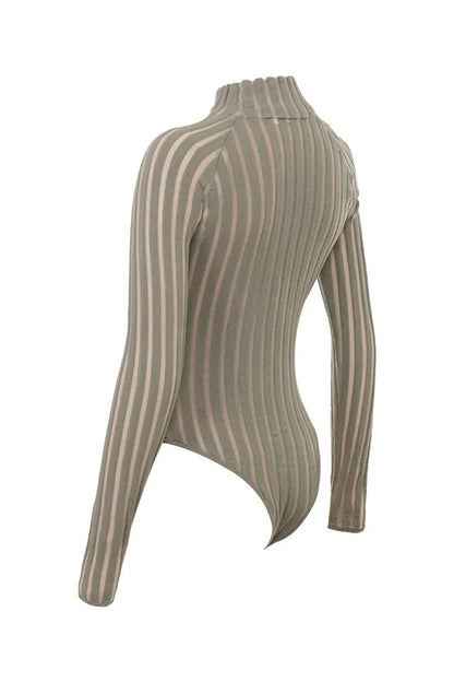Rowena Grey Velour Sheer Striped Bodysuit