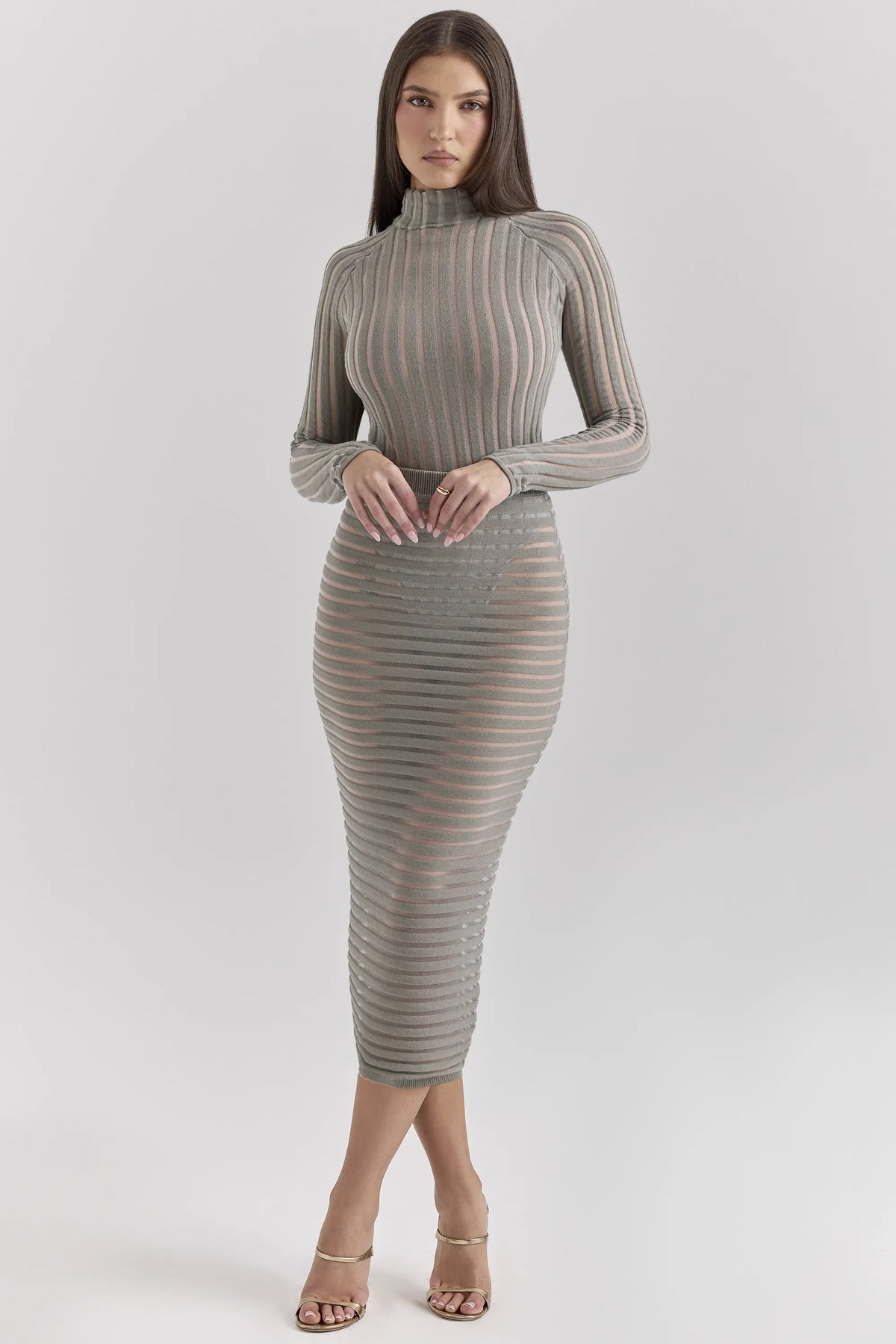 Margo Grey Velour Sheer Striped Midi Skirt