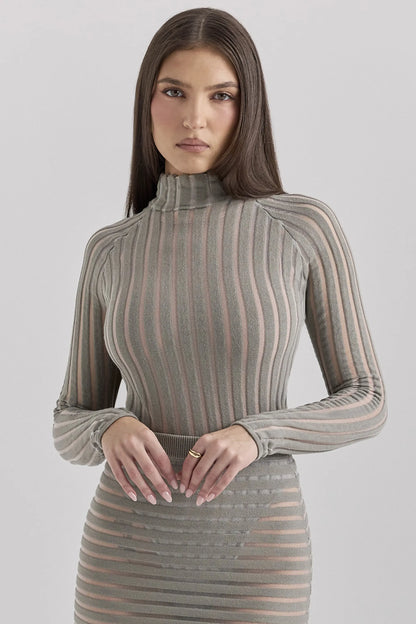 Rowena Grey Velour Sheer Striped Bodysuit