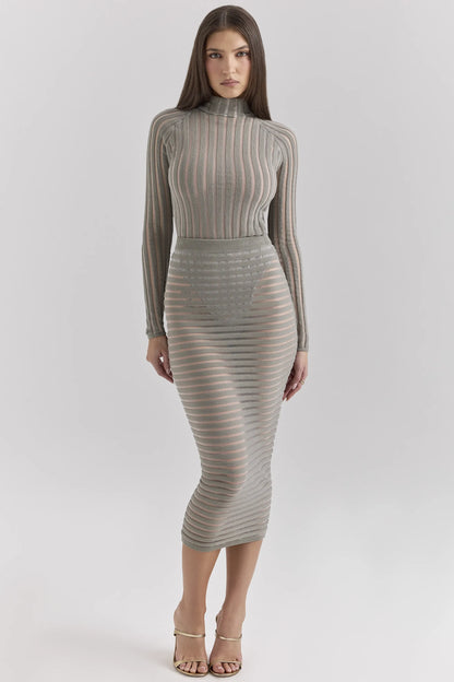 Margo Grey Velour Sheer Striped Midi Skirt
