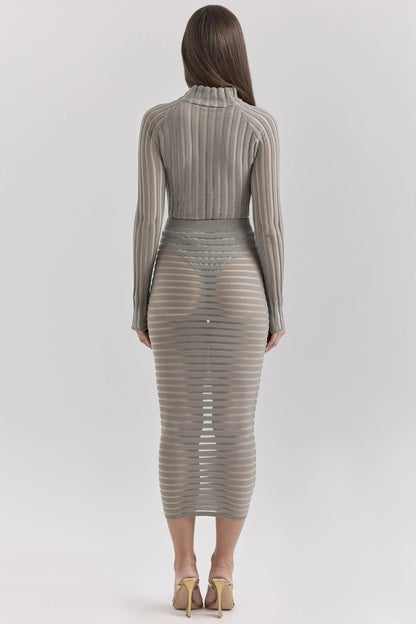 Margo Grey Velour Sheer Striped Midi Skirt