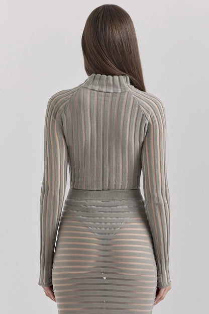 Rowena Grey Velour Sheer Striped Bodysuit
