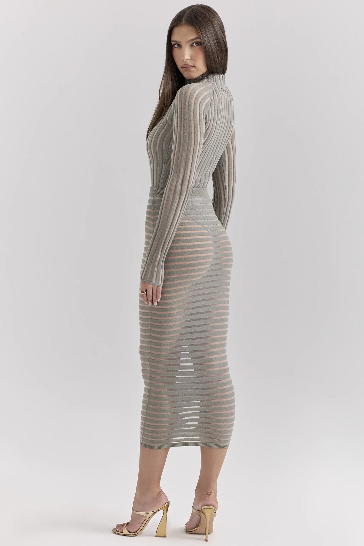 Margo Grey Velour Sheer Striped Midi Skirt