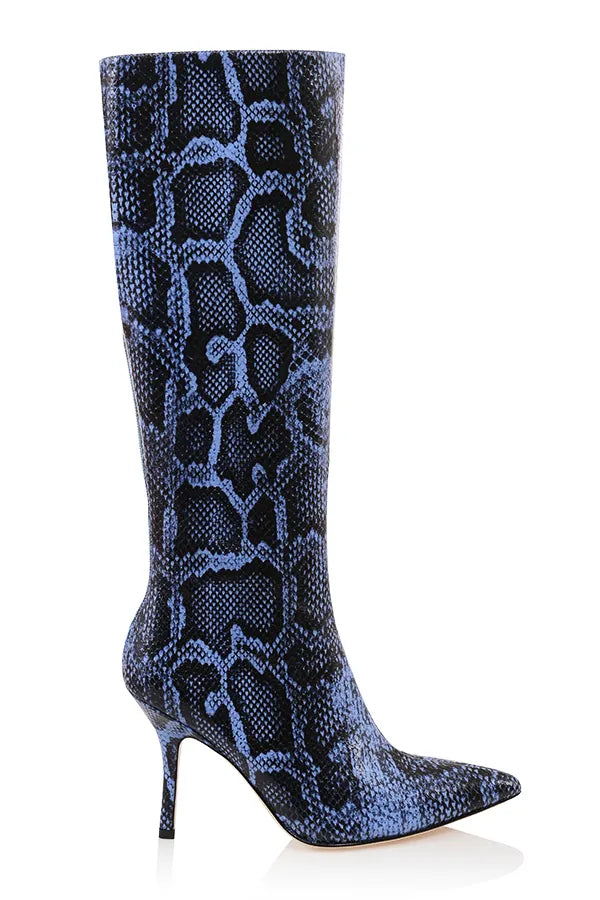 Royale Blue Print Leather Knee High Boots