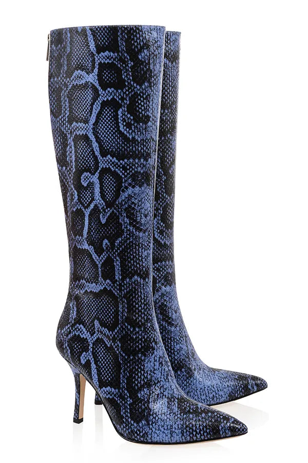 Royale Blue Print Leather Knee High Boots