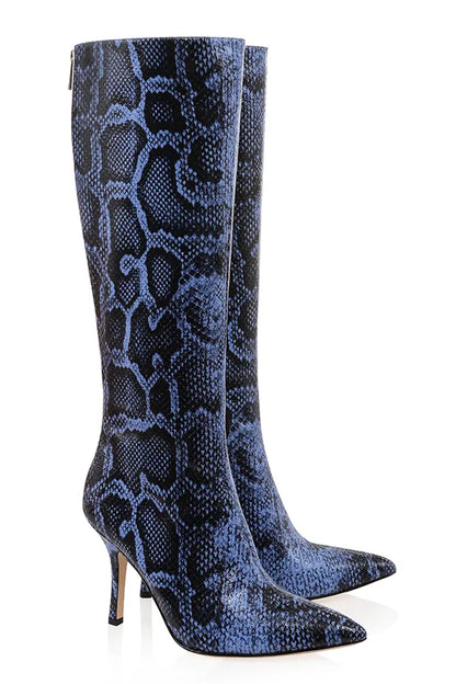 Royale Blue Print Leather Knee High Boots