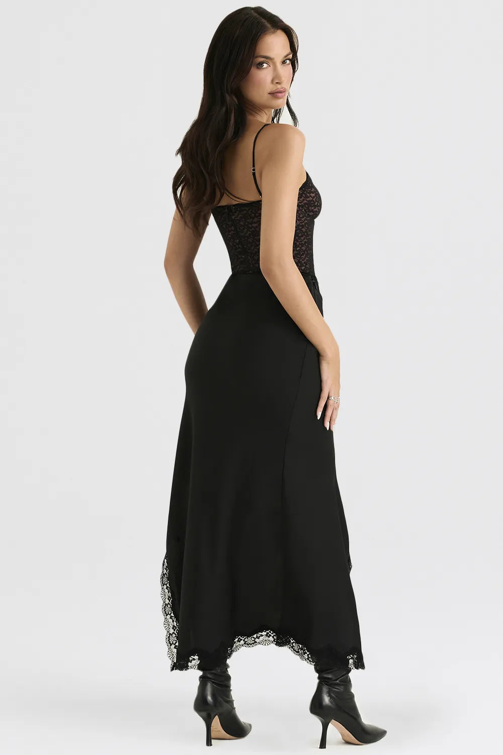 Ruby Black Satin Lace Trim Midi Skirt