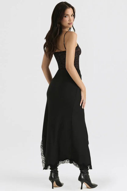 Ruby Black Satin Lace Trim Midi Skirt