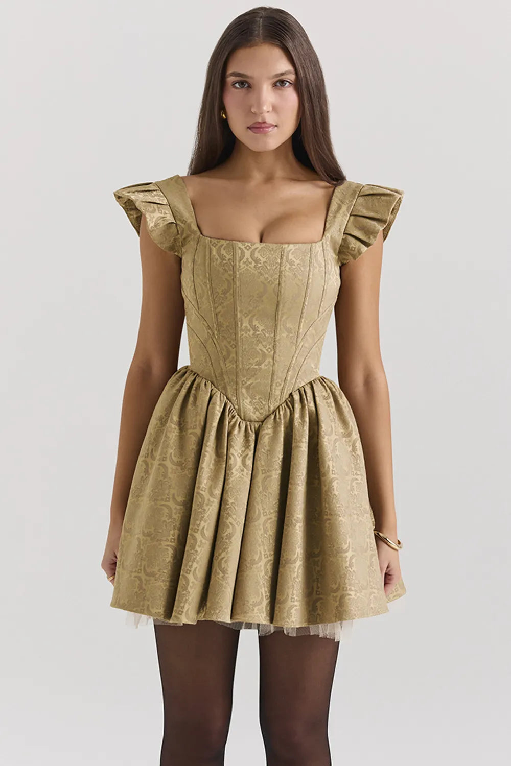 Saasha Gold Jacquard Mini Dress
