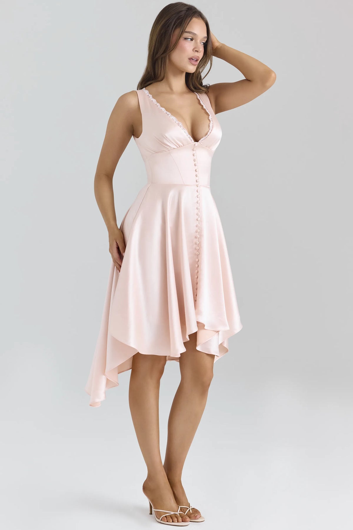 Sabella Pink Satin Asymmetric Handkerchief Hem Midi Dress