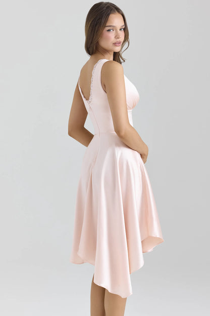 Sabella Pink Satin Asymmetric Handkerchief Hem Midi Dress
