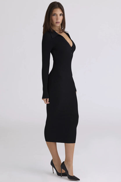 Sabra Black Long Sleeve Midi Dress