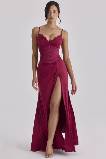 Sabrine Wine Lace Trim Maxi Dress + Corset