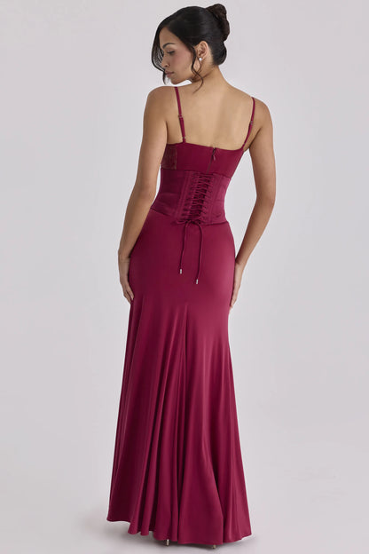 Sabrine Wine Lace Trim Maxi Dress + Corset
