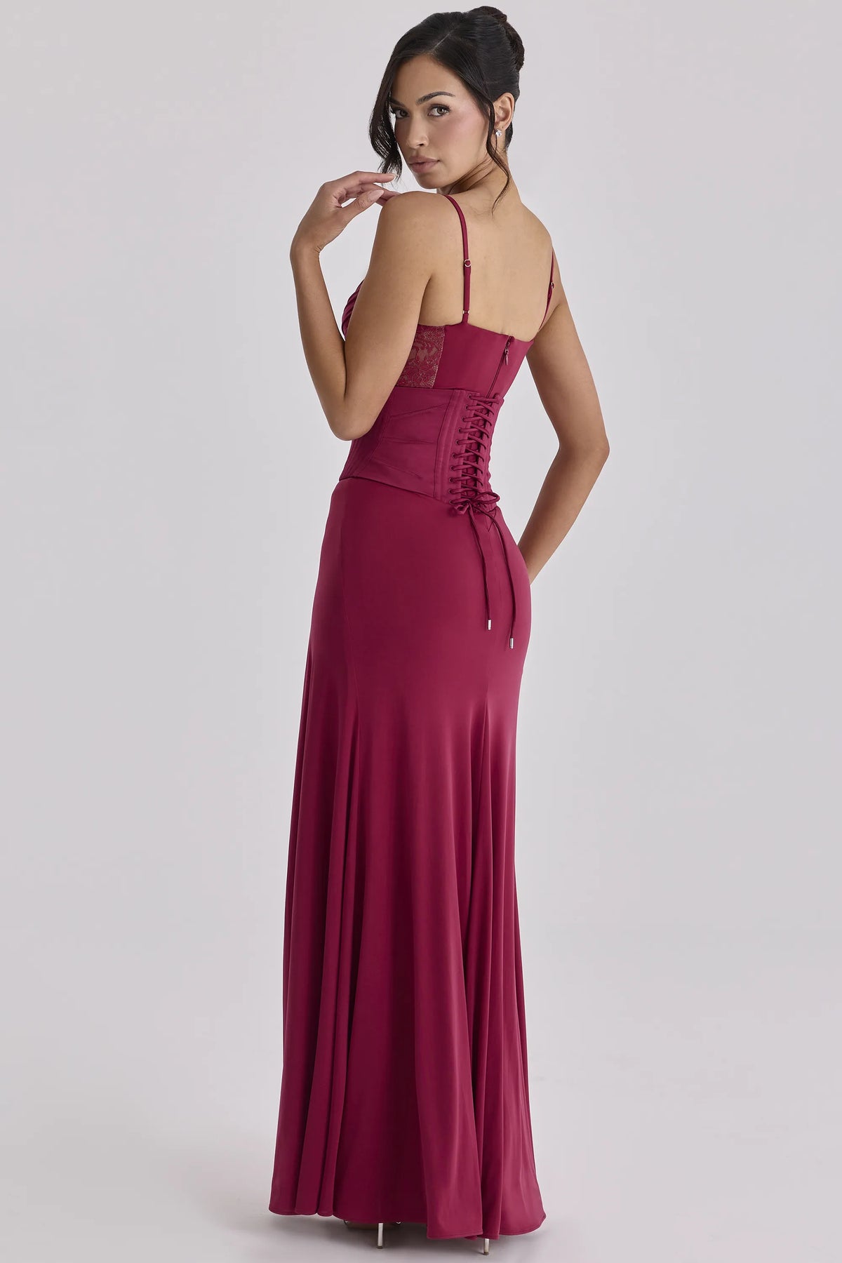 Sabrine Wine Lace Trim Maxi Dress + Corset