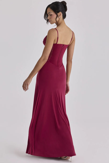 Sabrine Wine Lace Trim Maxi Dress + Corset