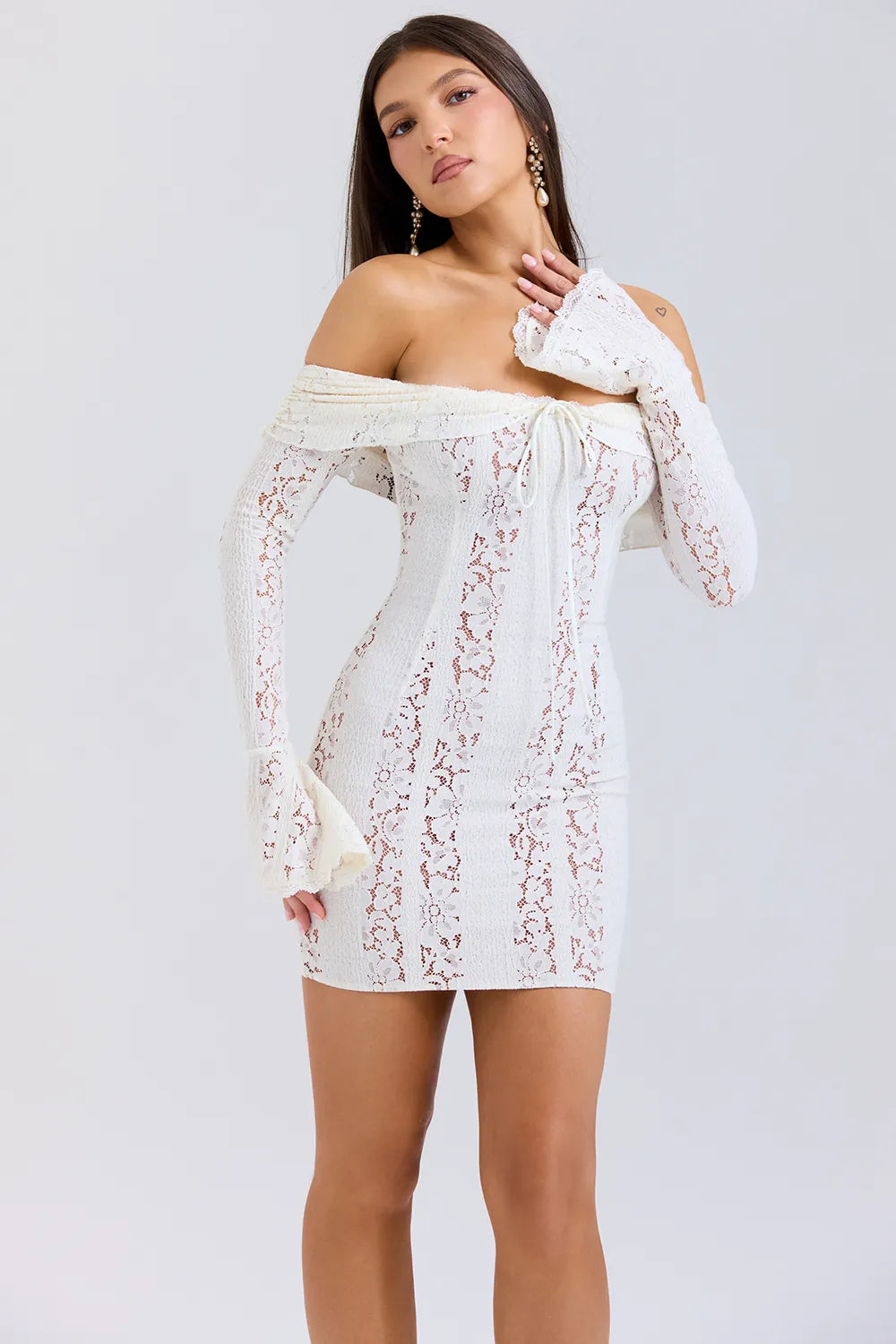 Sadie Vintage Cream Floral Lace Off Shoulder Mini Dress