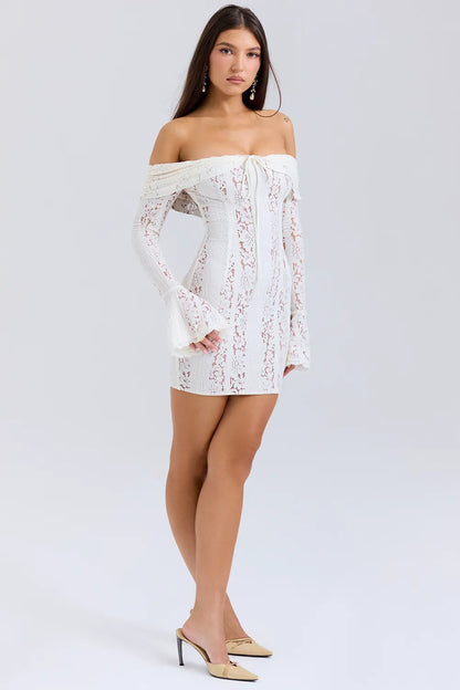 Sadie Vintage Cream Floral Lace Off Shoulder Mini Dress