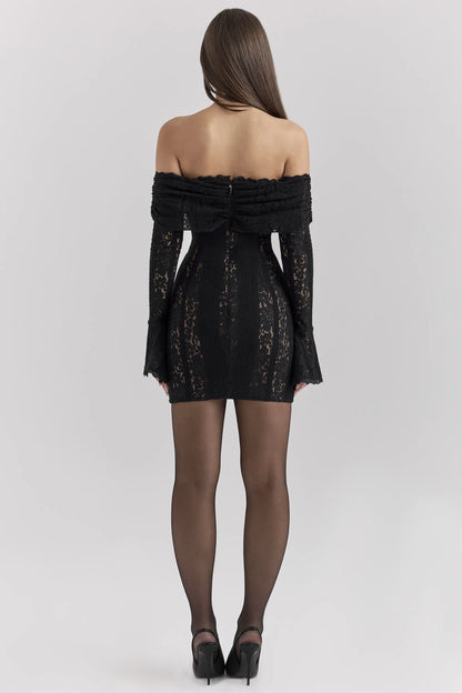 Sadie Black Floral Lace Off Shoulder Mini Dress